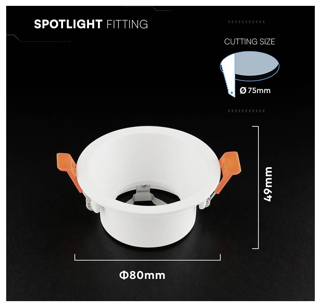 Spotlight fitting with dimensions shown: cutout size Ø75mm, fitting width Ø80mm, height 49mm.<br>