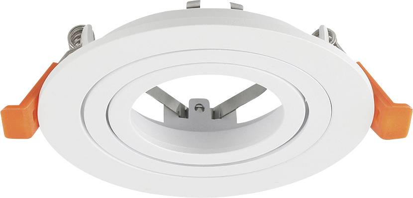 White recessed LED downlight with orange spring clips on the sides and adjustable inner trim on a white background