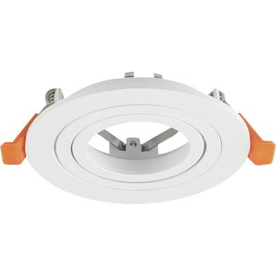White recessed LED downlight with orange spring clips on the sides and adjustable inner trim on a white background