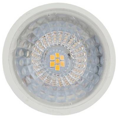 Close-up of a round LED spotlight bulb with a clear faceted lens and orange LED chips in the center.