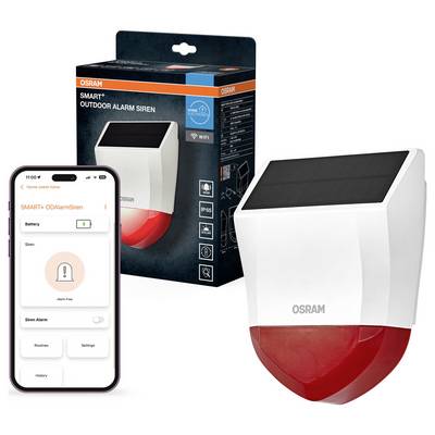 OSRAM SMART+ outdoor alarm siren with smartphone app screen showing battery and siren controls, plus product box packaging.