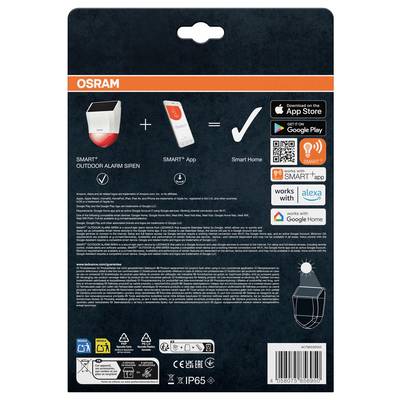 OSRAM Smart+ outdoor alarm siren packaging showing the siren, Smart+ app, and smart home compatibility with Apple Home, Alexa, Google Home, App Store, and Google Play.
