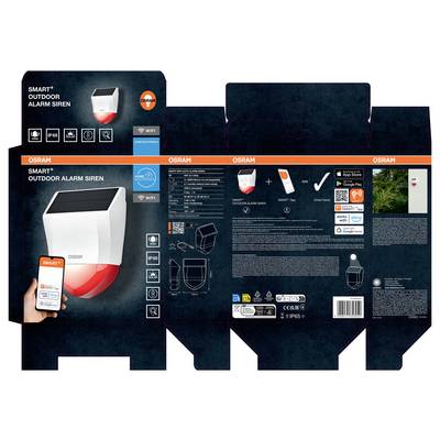 OSRAM SMART+ Outdoor Alarm Siren product box packaging with images of the siren, smartphone app control, Wi‑Fi, and smart home compatibility icons.