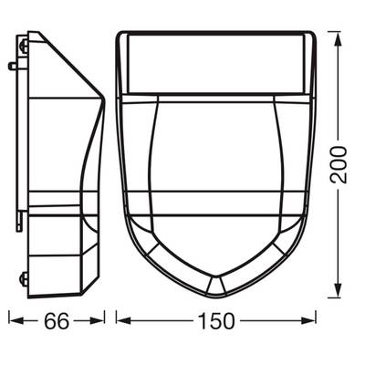 Technical dimension drawing of a wall-mounted fixture, showing side and front views with measurements 66, 150, and 200.