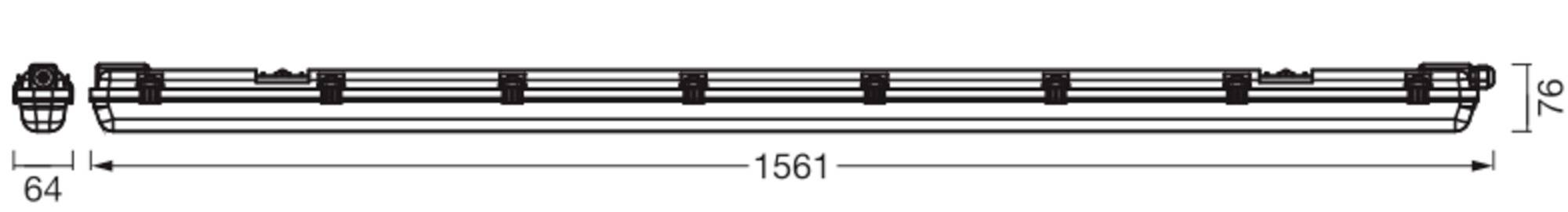 Technical line drawing of a long horizontal light fixture, labeled 1561 mm wide and 74 mm high, with a 64 mm end detail.