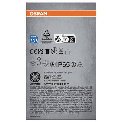 OSRAM LEDVANCE lamp packaging back panel with recycling, CE, IP65, safety and company information icons and text.