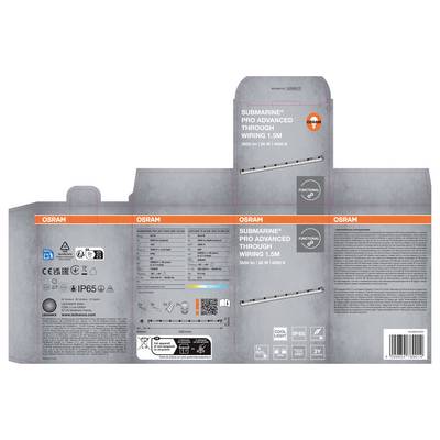 OSRAM packaging for a 'Submarine Pro Advanced Through Wiring 1.5M' LED light, showing product specs, icons, and barcode on the box.<br>