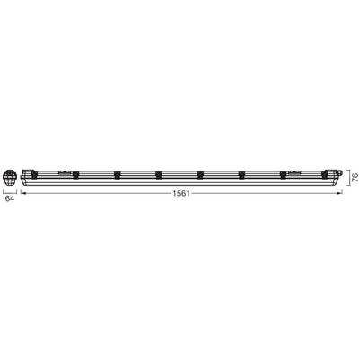 Technical drawing of a long horizontal light fixture, labeled 1561 mm long and 64 mm wide, with a 74 mm height mark at the right end.