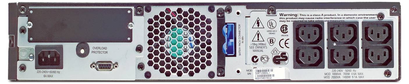 Rear view of a desktop power supply with AC inlet, cooling fan, USB port, and six power output sockets.