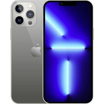 Front and back view of a silver iPhone with triple rear cameras and a blue abstract glow wallpaper on the screen.
