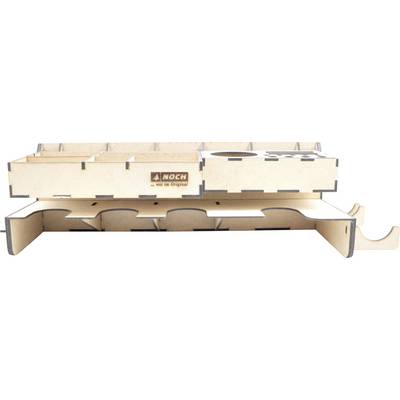 Flat-pack wooden model kit with laser-cut pieces partially assembled into a long tray-like structure.