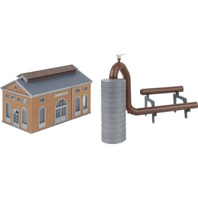 Illustration of an industrial building connected to a tall cylindrical tank and brown piping, suggesting a heating or utility system installation.