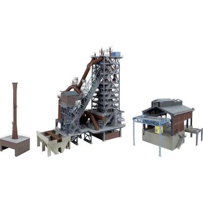 Three industrial plant structures shown in 3D: a tall smokestack, a large steel processing tower with ducts and conveyors, and a smaller covered facility.