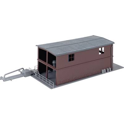 3D rendering of a brick industrial building with a raised platform, stairs, piping, and large roof panels, shown in cutaway view.