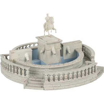 Scale model of a circular fountain with balustrade and central pedestal topped by an equestrian statue.