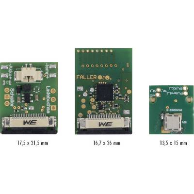 Three small printed circuit boards with connectors and chips, labeled 17.5 x 21.5 mm, 16.7 x 26 mm, and 13.5 x 15 mm.