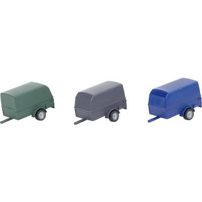 Three side-view images of a covered cargo trailer in green, gray, and blue, shown as color variations of the same product.