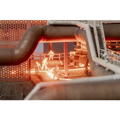 Miniature industrial scene with workers in protective gear around bright molten metal or welding sparks beneath large pipes and a metal structure.