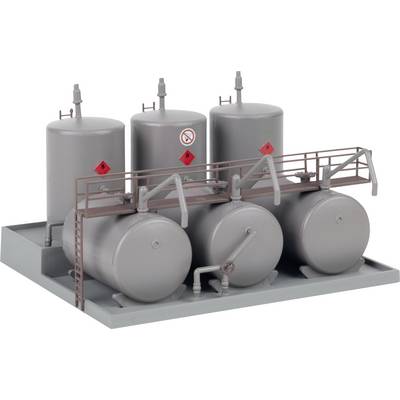 Industrial tank storage platform with six gray cylindrical tanks, safety railings, ladders, and hazard warning labels.<br>