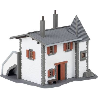 3D model of a small white house with a gray roof, two chimneys, red shutters, and a side garage opening.<br>