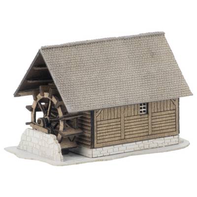 A small wooden watermill model with a pitched shingle roof and visible water wheel on a stone base.