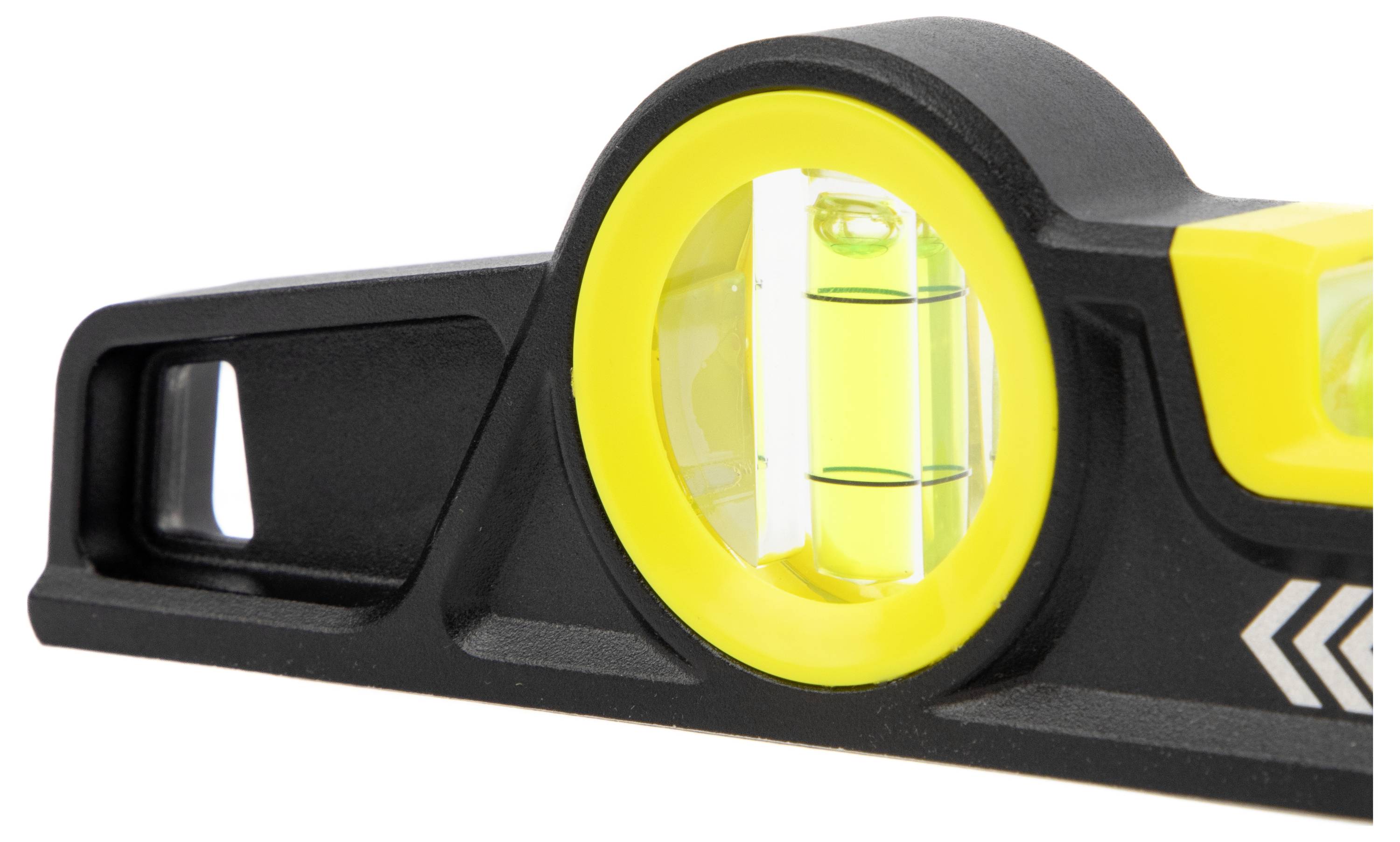 Close-up of a black-and-yellow spirit level with a central bubble vial and handle opening.
