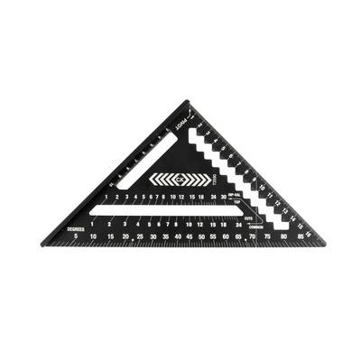 Black triangular carpenter’s square ruler with angle and degree markings on a white background.