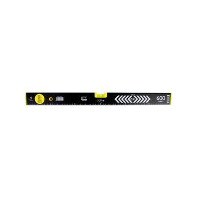 A black spirit level with yellow accents, showing a central vial and '600' marking on the right.<br>