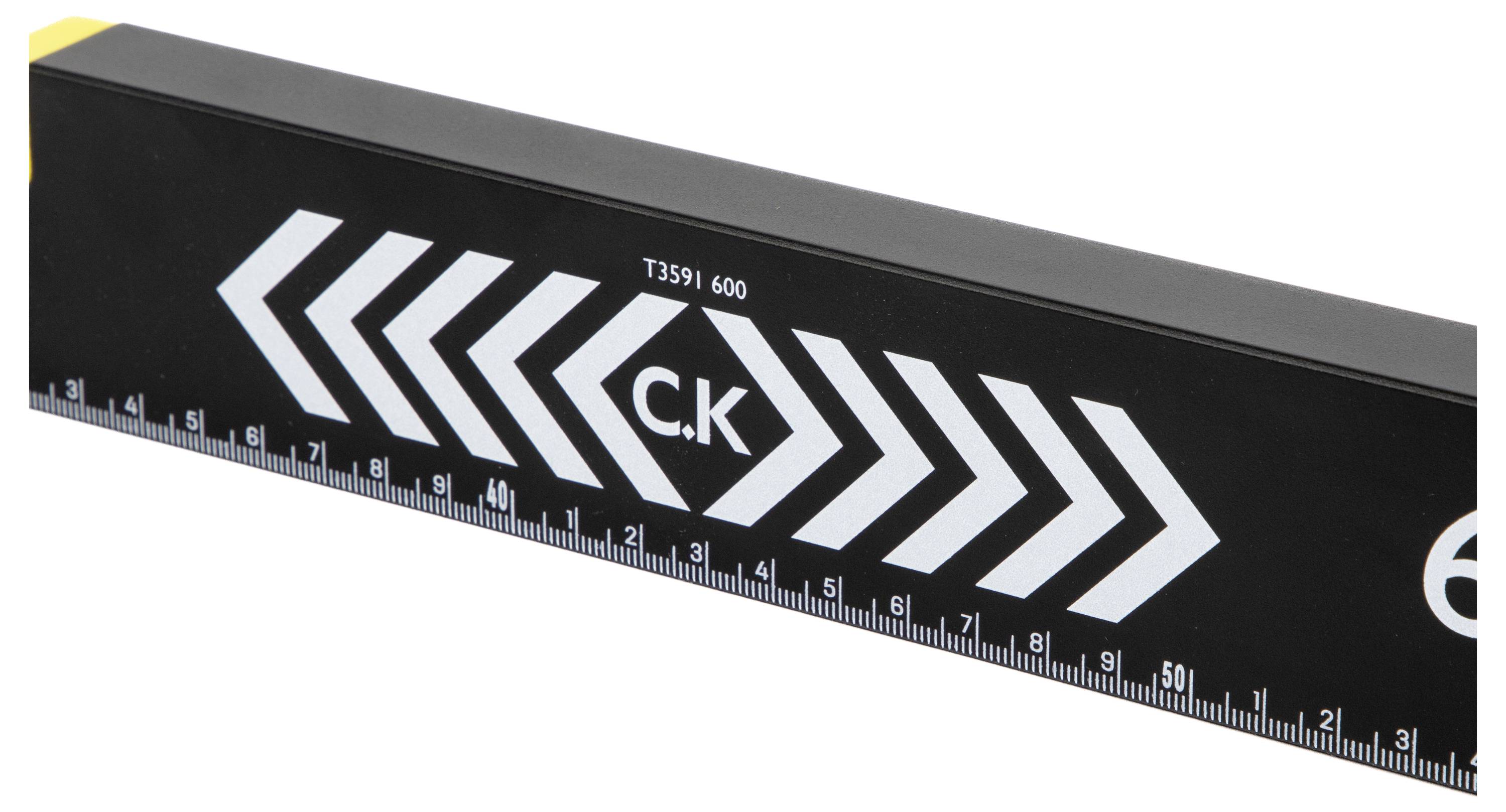 Black measuring ruler with white chevrons and 'C.K' logo, labeled 'T3591 600', shown on a white background.