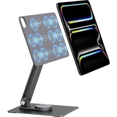 Adjustable tablet stand shown in two angled views, one with glowing blue circular patterns on the platform and one with rainbow-accented black panels.
