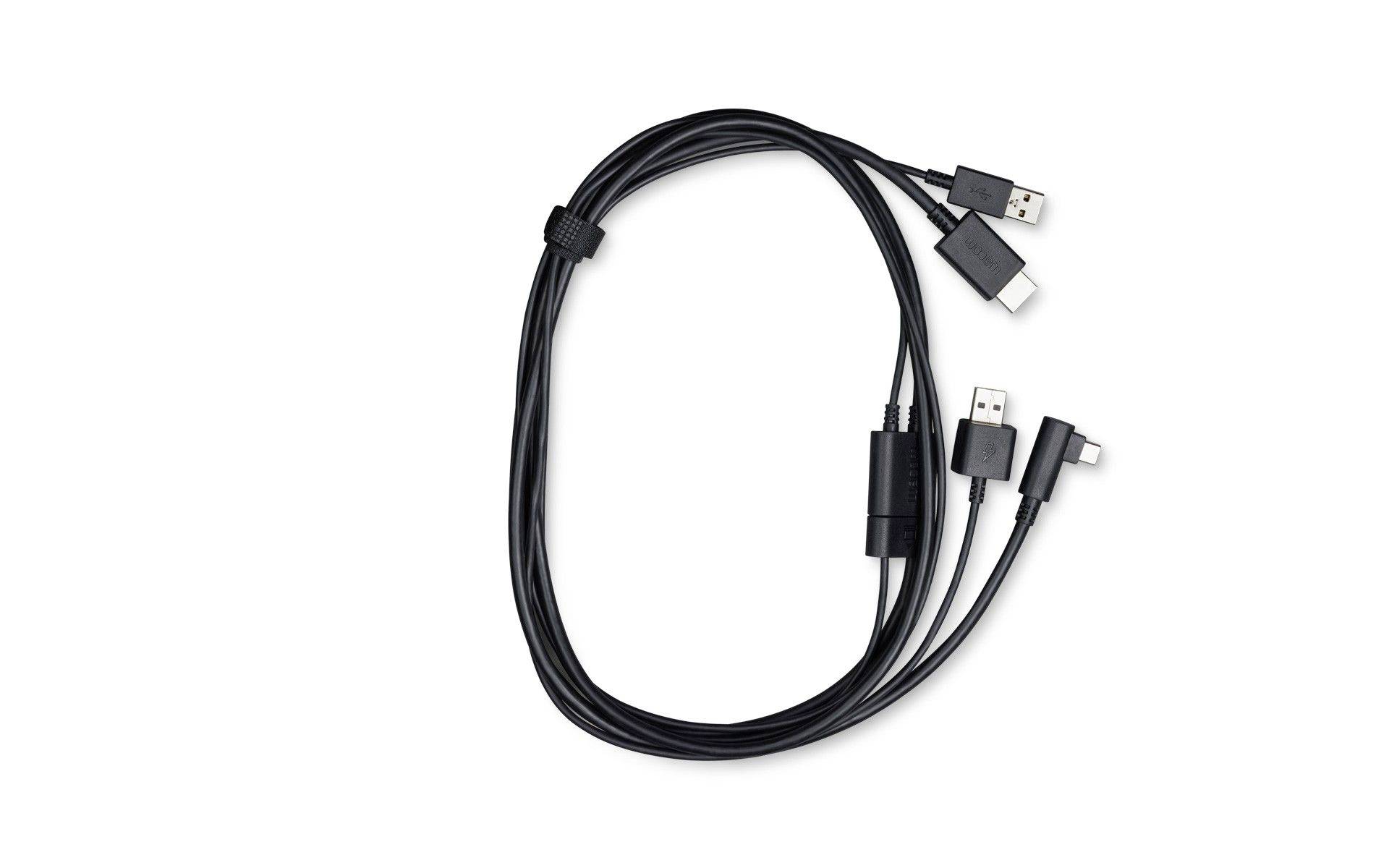 Black USB charging cable with multiple connectors, including USB-A, USB-C, and Lightning-style tips, coiled on a white background.