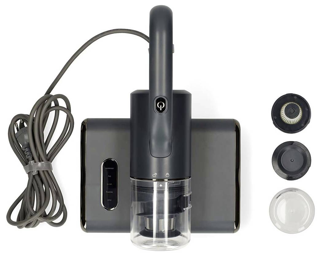Cordless handheld vacuum cleaner with charging dock, power cord, and three interchangeable brush and filter attachments shown on a white background.
