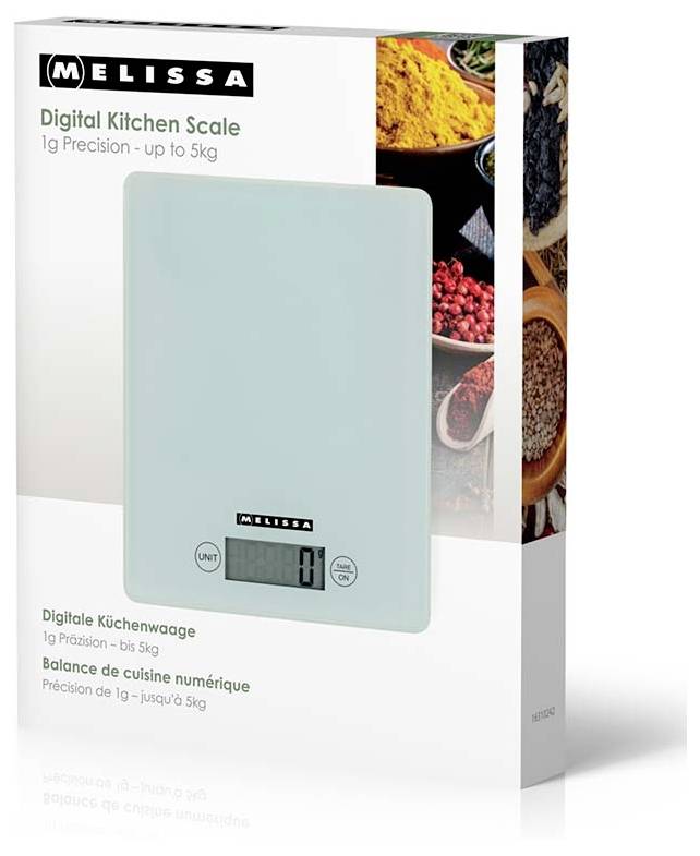 Melissa digital kitchen scale, mint green, with 1g precision up to 5kg, shown on product packaging.<br>