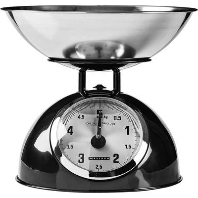 Stainless steel kitchen scale with a large bowl on top and an analog dial showing weight in kilograms.