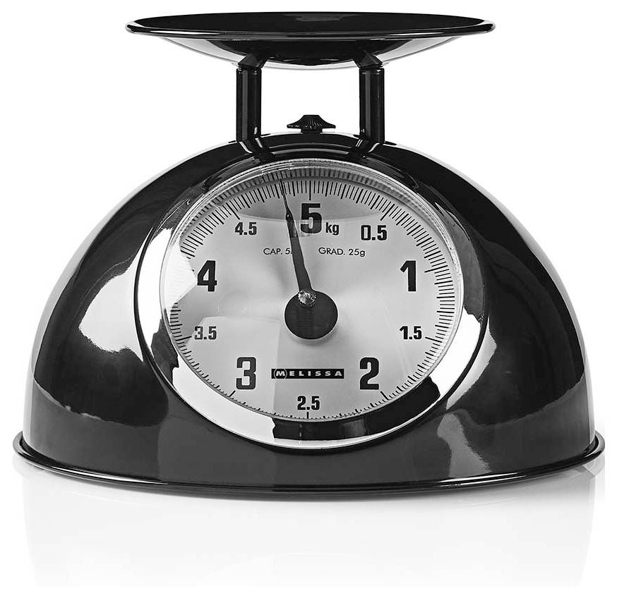 Black analog kitchen scale with a round dial, showing weight markings up to 5 kg.<br>