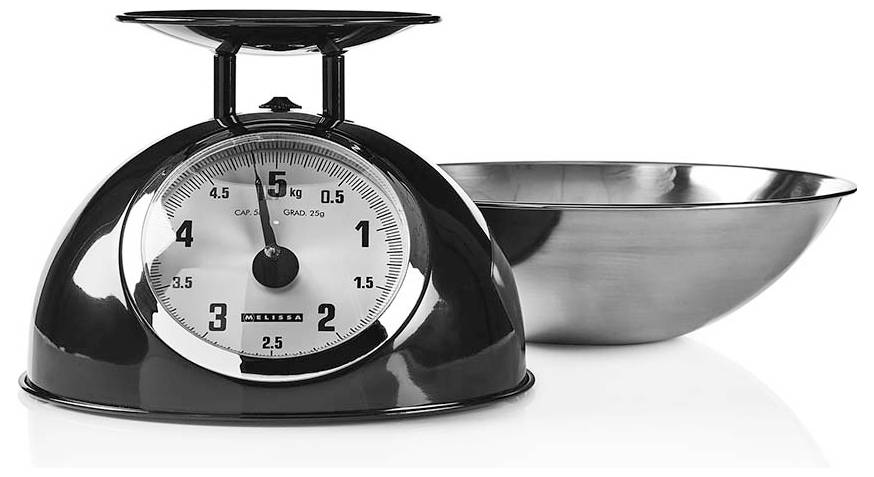 Black mechanical kitchen scale with white dial and stainless steel bowl on a white background, showing weight measurements in pounds and kilograms.<br>