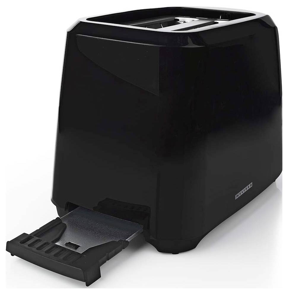 Black four-slot toaster with a slice of bread partially ejected on the pull-out tray.