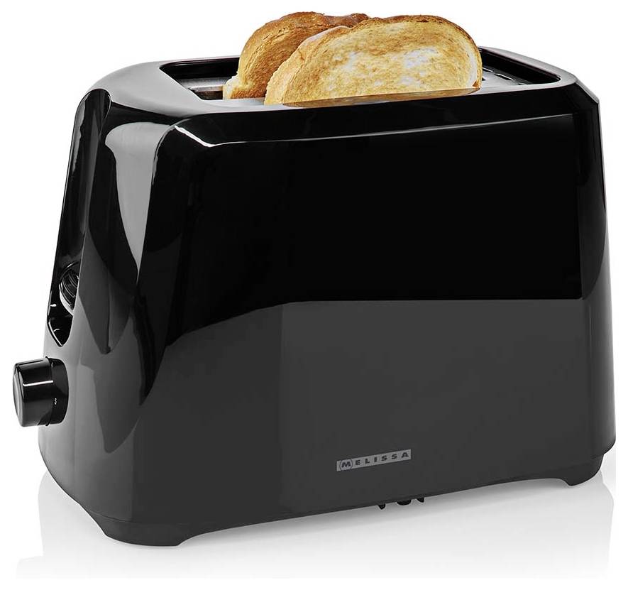 Black two-slice toaster with two slices of toasted bread inserted, shown on a white background.