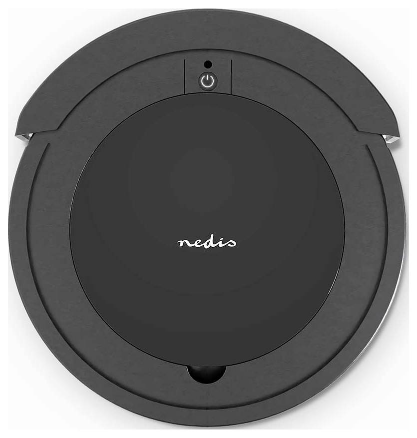Black round Nedis robot vacuum cleaner viewed from above, with a top power button and center logo.
