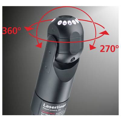 Product photo of a Laserliner PentaCamera 3D with red arrows showing 360° horizontal and 270° vertical rotation around the camera head.