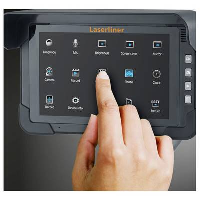 Hand taps the 'LED' menu icon on a Laserliner touchscreen device showing settings like Language, Mic, Brightness, Screensaver, Camera, Photo, Clock, and Return.<br>