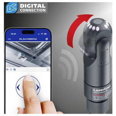 Smartphone app controls a Laserliner inspection camera, showing live view and swipe navigation for remote viewing.