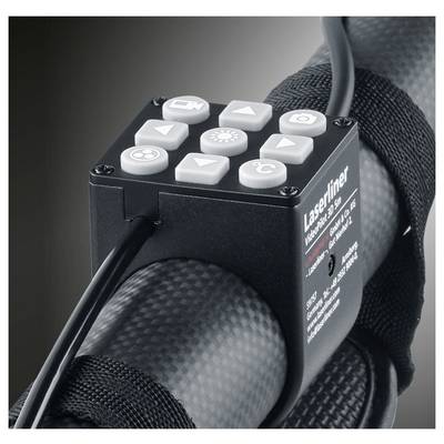Close-up of a Laserliner Velimex 8.4v control module with white buttons mounted on a black strapped device, likely for adjusting a machine or camera rig.