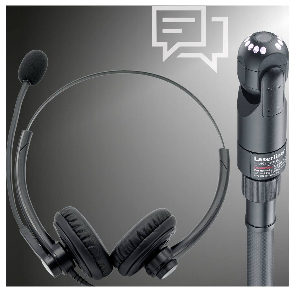 Headset microphone and overhead spotlight attached to a Laserliner inspection camera device, shown on a gray background.