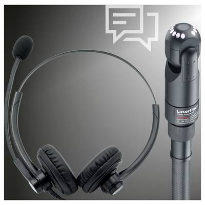 Headset microphone and overhead spotlight attached to a Laserliner inspection camera device, shown on a gray background.