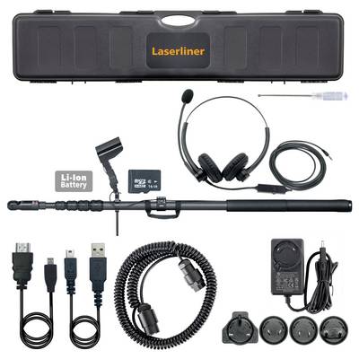 Laserliner inspection camera kit with hard case, probe, headset, Li-ion battery, memory card, cables, coiled extension, charger, and lens attachments.