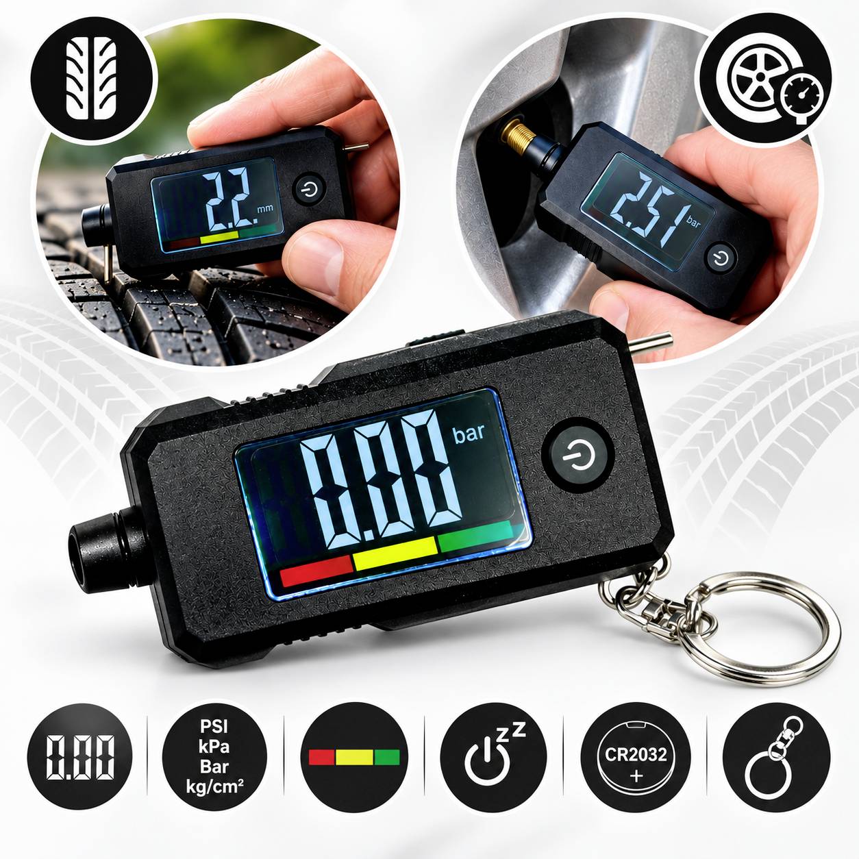 Digital tire pressure gauge keychain showing 0.00 bar, with inset photos of measuring tire tread and valve pressure.