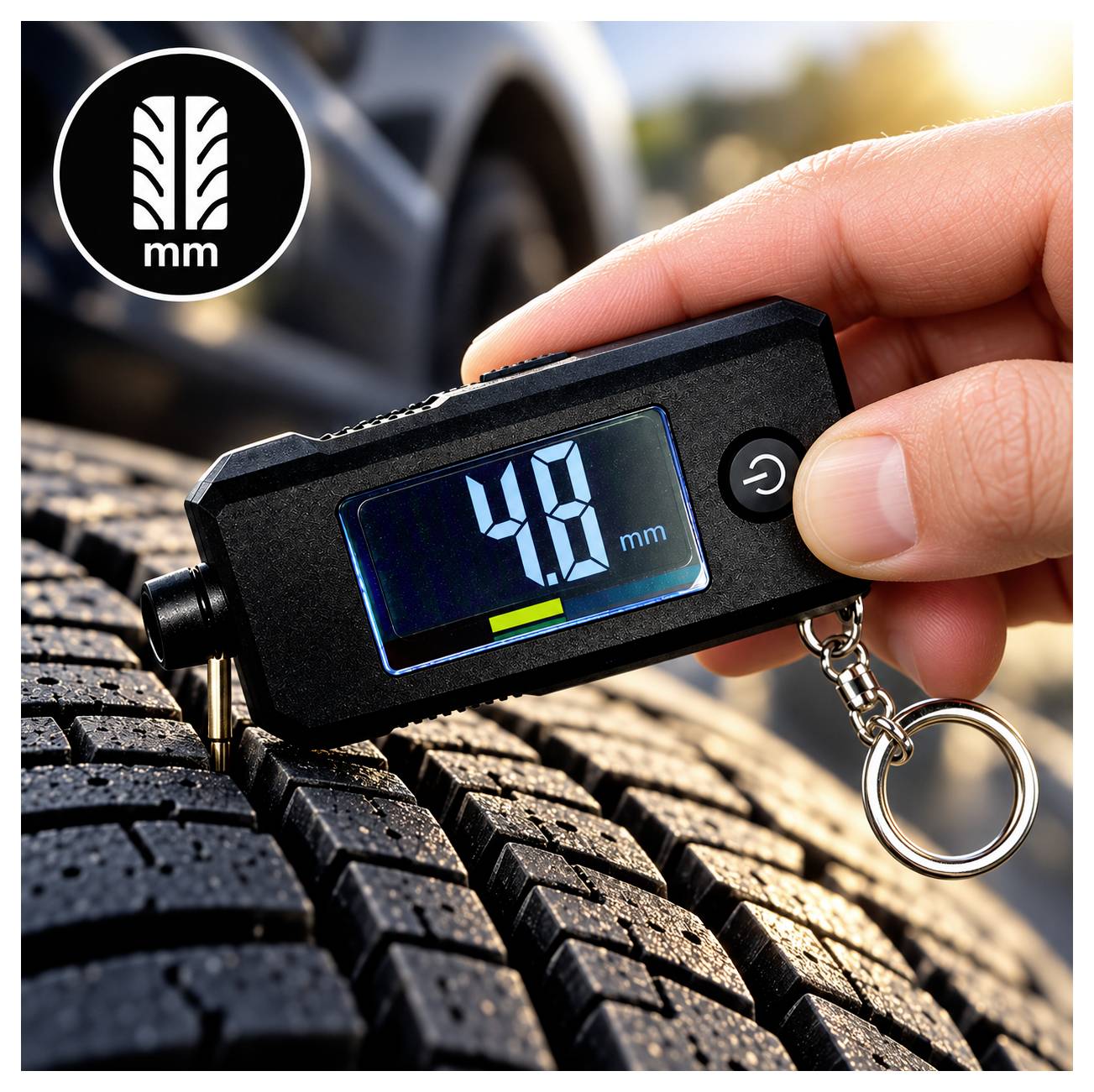 Digital tire tread depth gauge measuring a car tire, displaying 4.8 mm on its screen.<br>