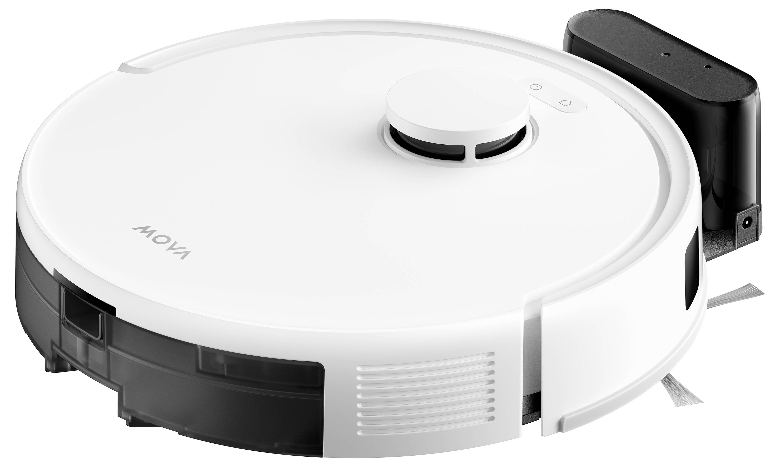 White robotic vacuum cleaner with black side sensors and front bumper, shown on a plain background.<br>