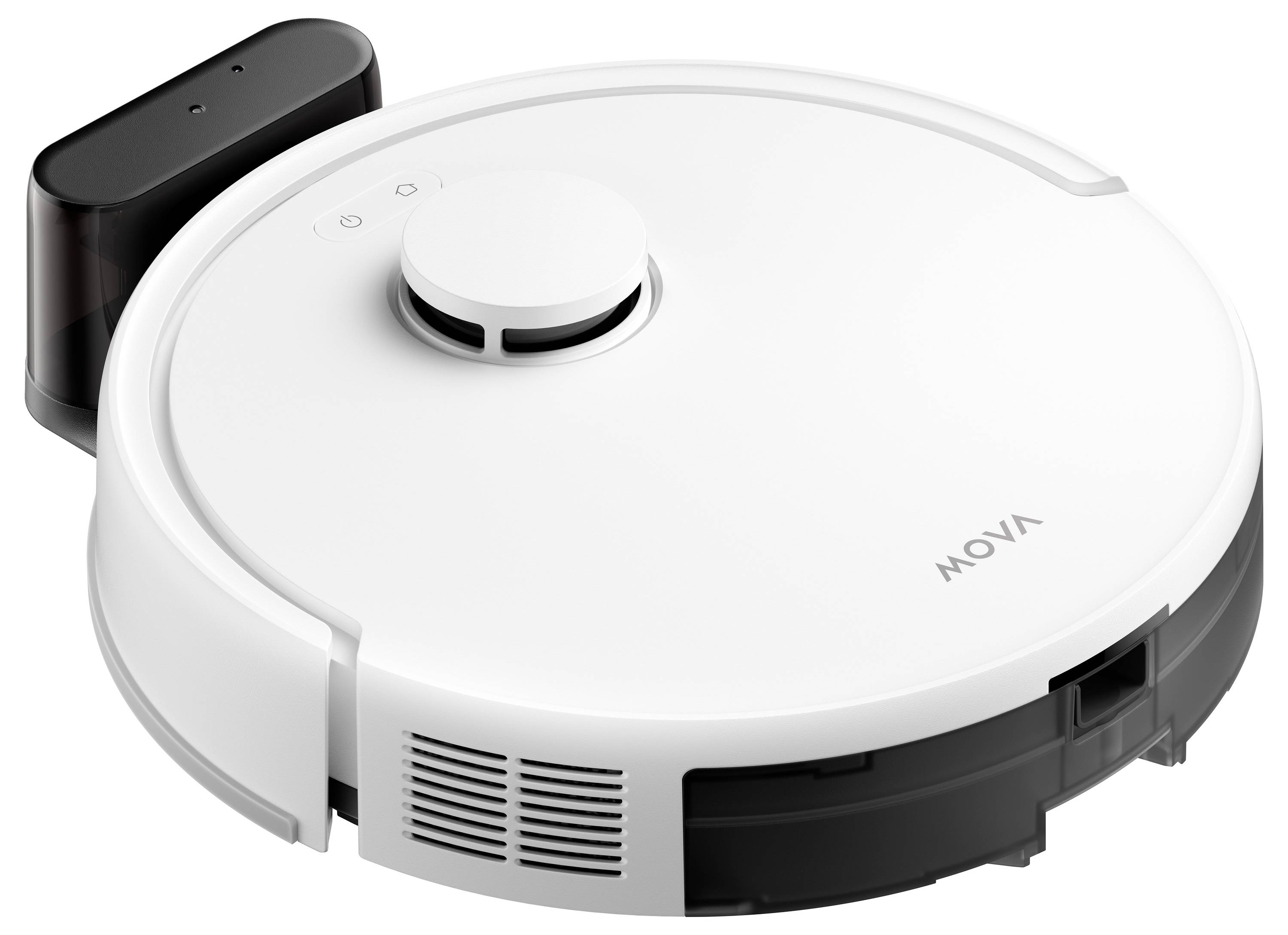 White NOVA robot vacuum with a top-mounted sensor turret, shown beside a black charging dock on a white background.